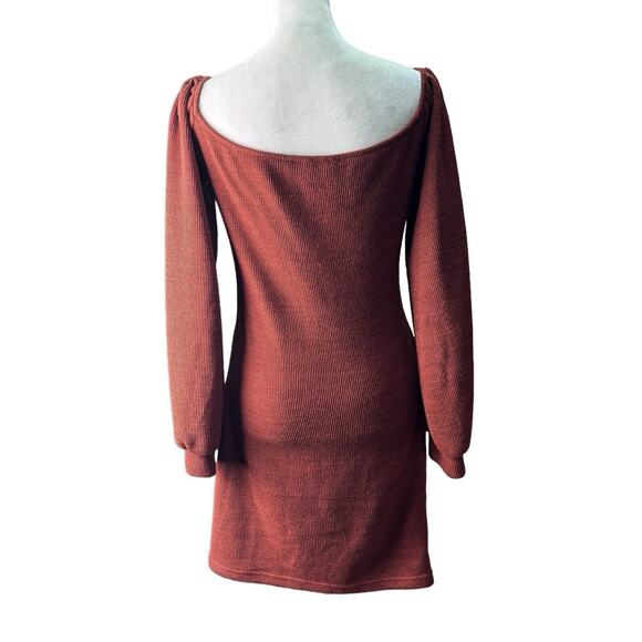 Lulus Aurinda Rust Orange Ruched Off The Shoulder Bodycon Tie Dress, Size Large - Picture 6 of 9